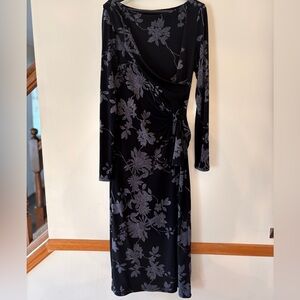 RALPH LAUREN Black Gray Floral Long Sleeve Mock Wrap Bodycon Dress